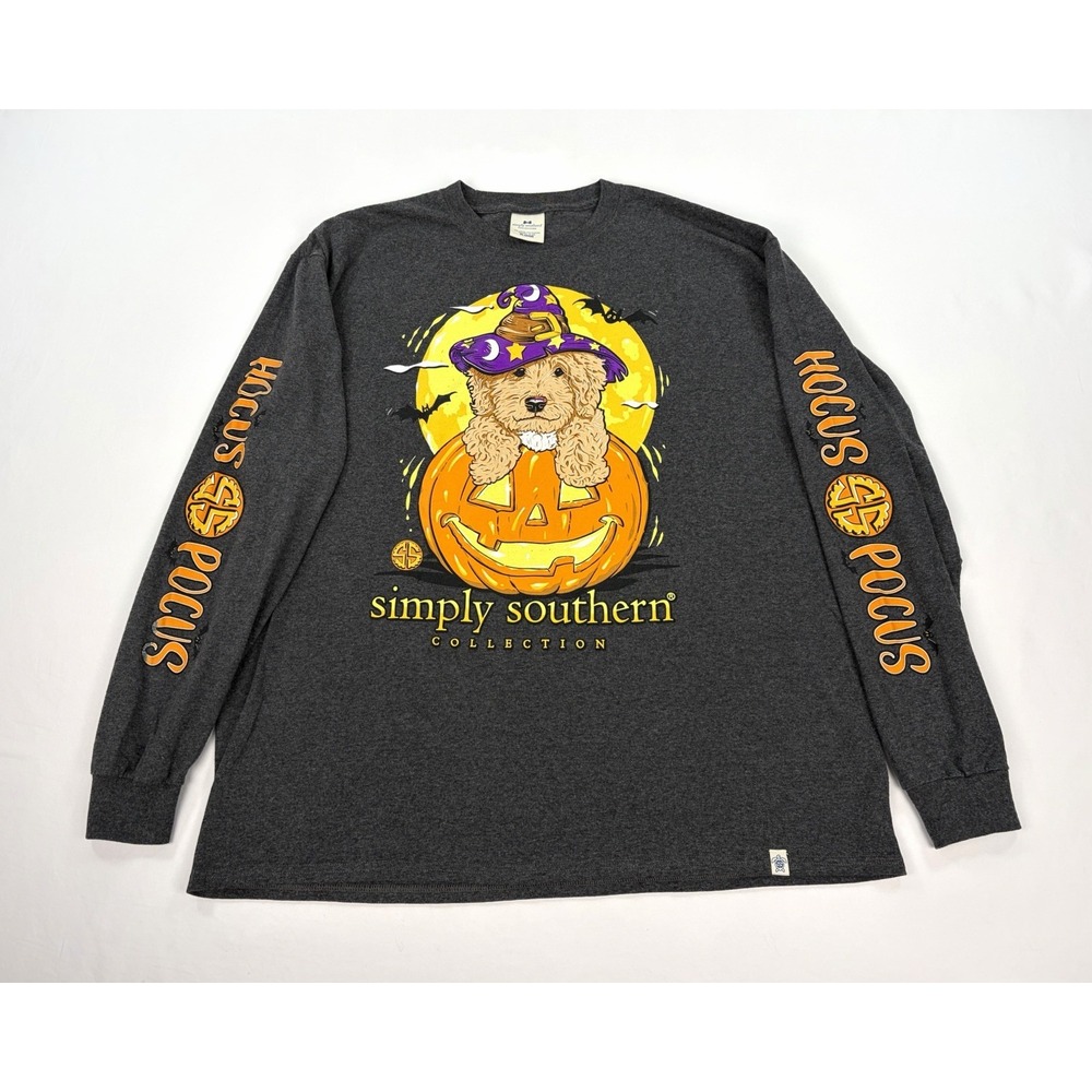 Simply Southern Hocus Pocus Shirt Women's XL Gray LS Halloween Dog Puppy Pumpkin